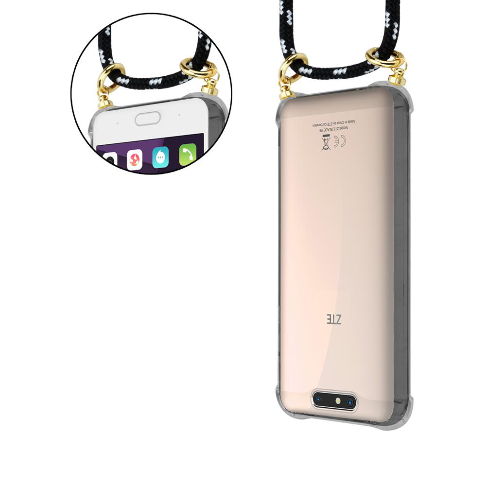 Ein weißes Smartphone mit durchsichtigem Gehäuse und Trageband.