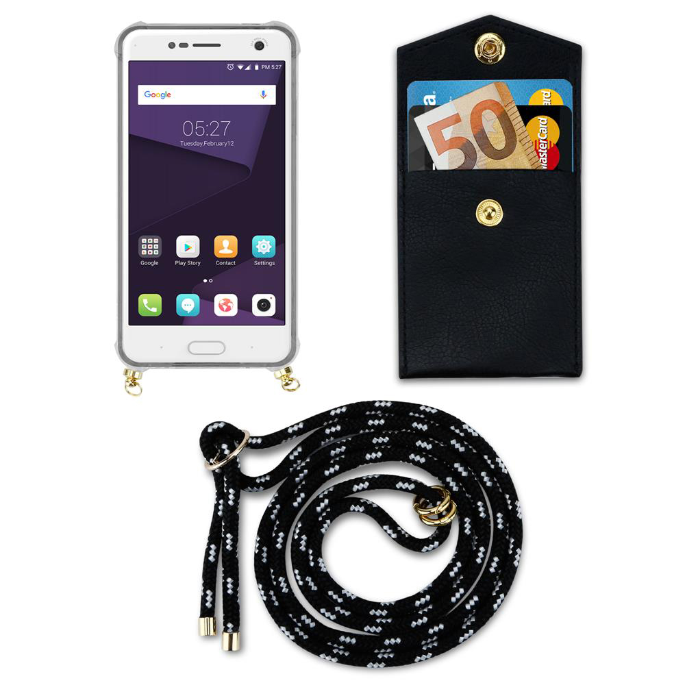 Smartphone mit Hülle, Portemonnaie mit Geld und Karten, und Lanyard.