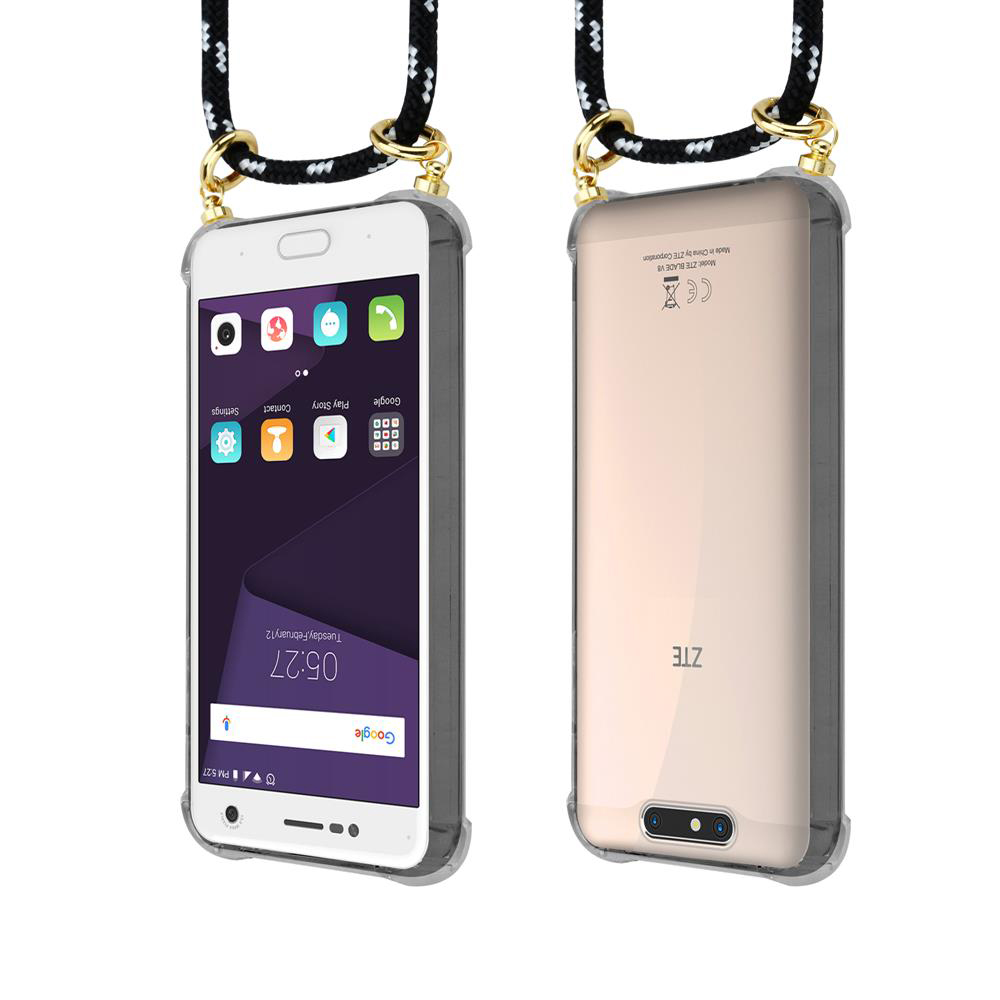 Zwei Mobiltelefone nebeneinander, Vorder- und Rückseite gezeigt, mit Lanyard.