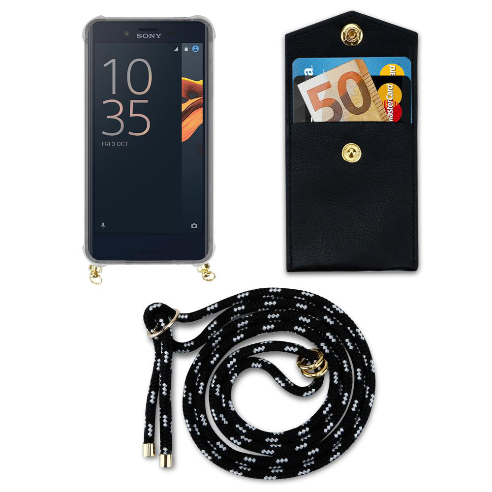 Smartphone en funda, bolsa negra con dinero y tarjetas, cuerda negra.