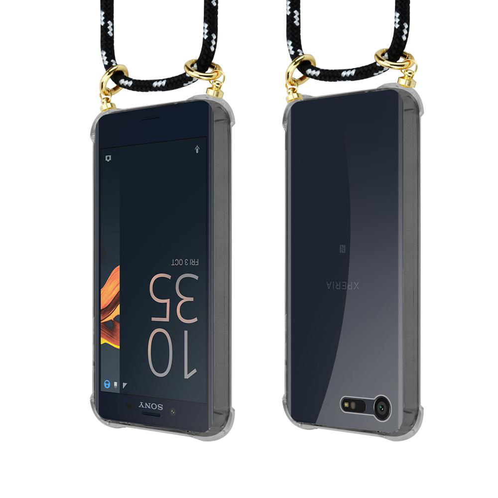 Dos fundas transparentes para teléfono con correa negra y anillas doradas.