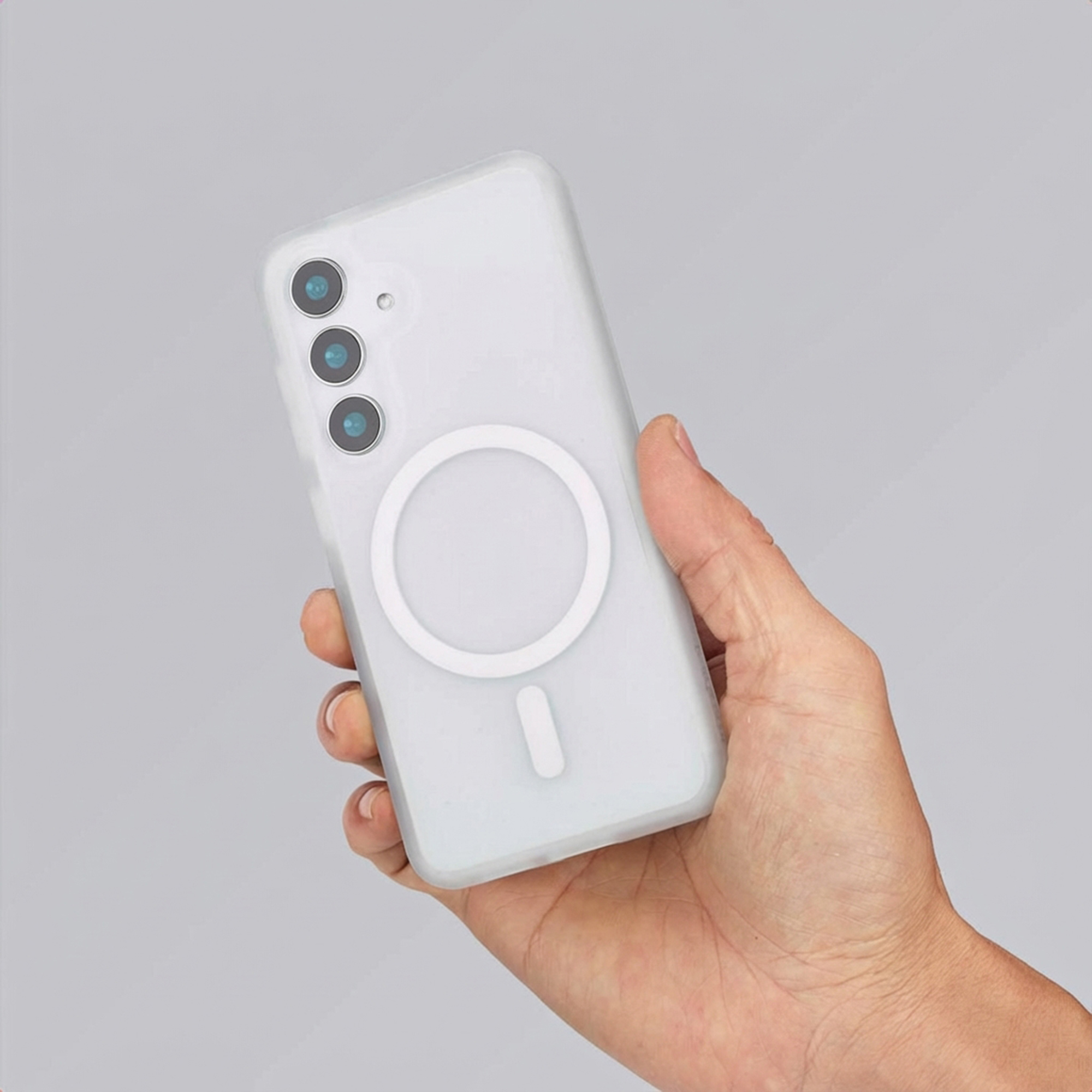 Una mano tiene uno smartphone bianco con tre fotocamere e un indicatore di ricarica circolare.