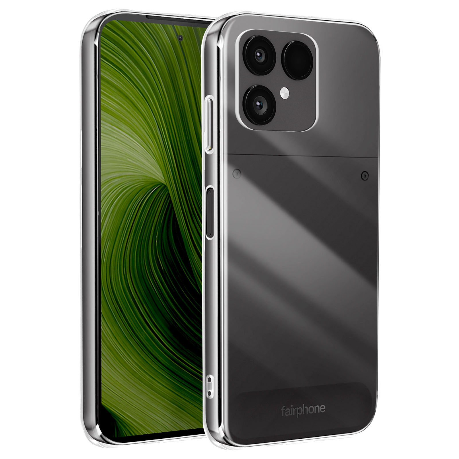 Due telefoni Fairphone con cover trasparenti e sfondo verde.