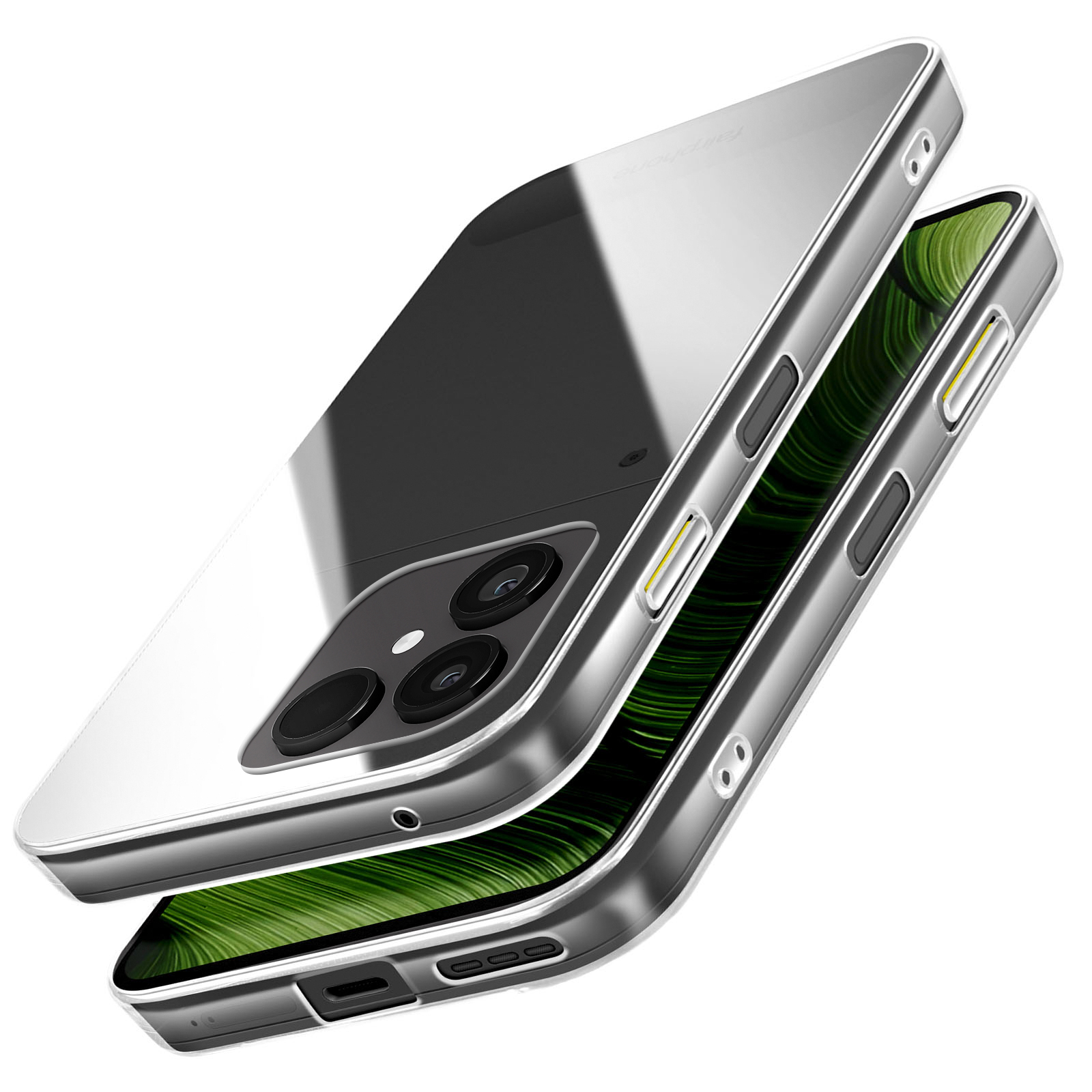 Una cover argentata per telefono con retro trasparente e tre lenti.