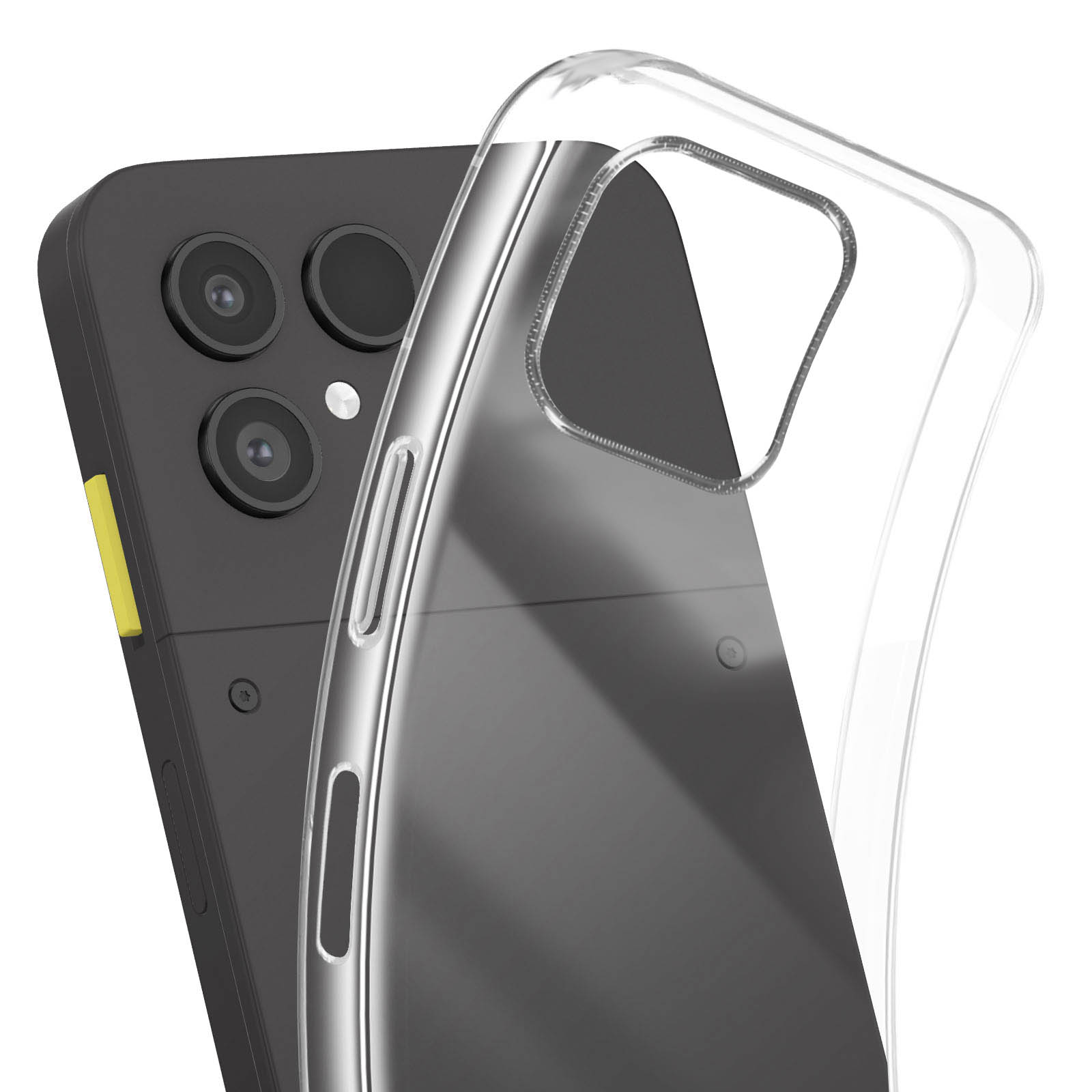 Uno smartphone nero con tre fotocamere e una custodia trasparente.