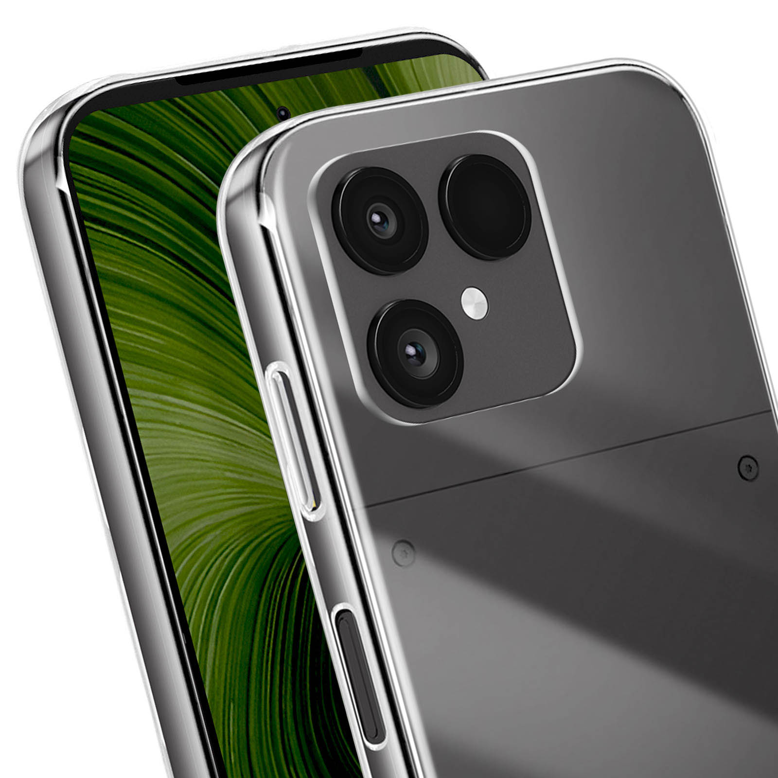 Primo piano di due smartphone in custodie trasparenti, sfondo verde.
