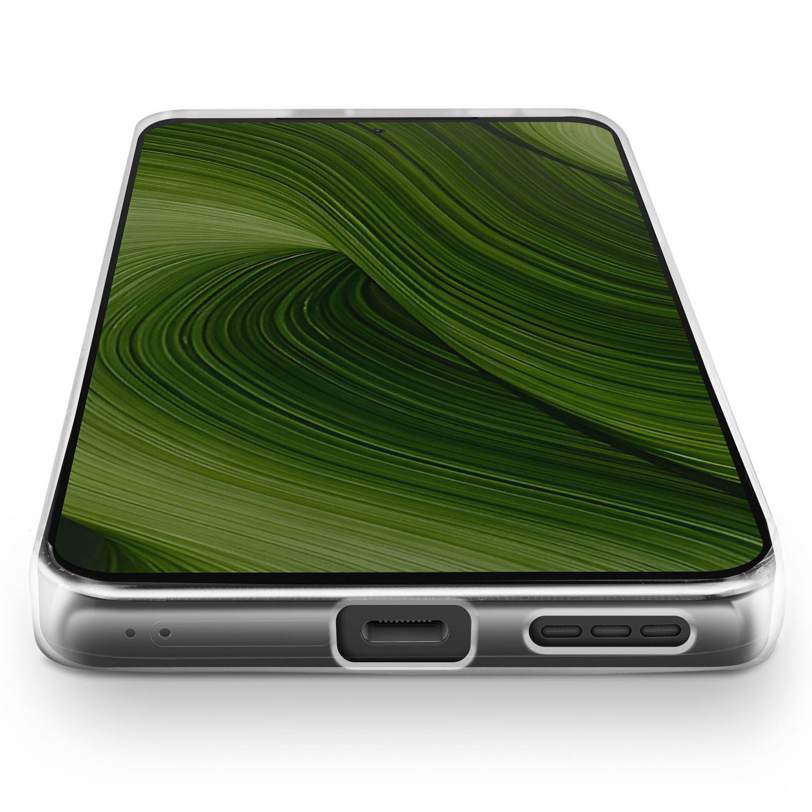 Uno smartphone con uno sfondo astratto verde e porta di ricarica.