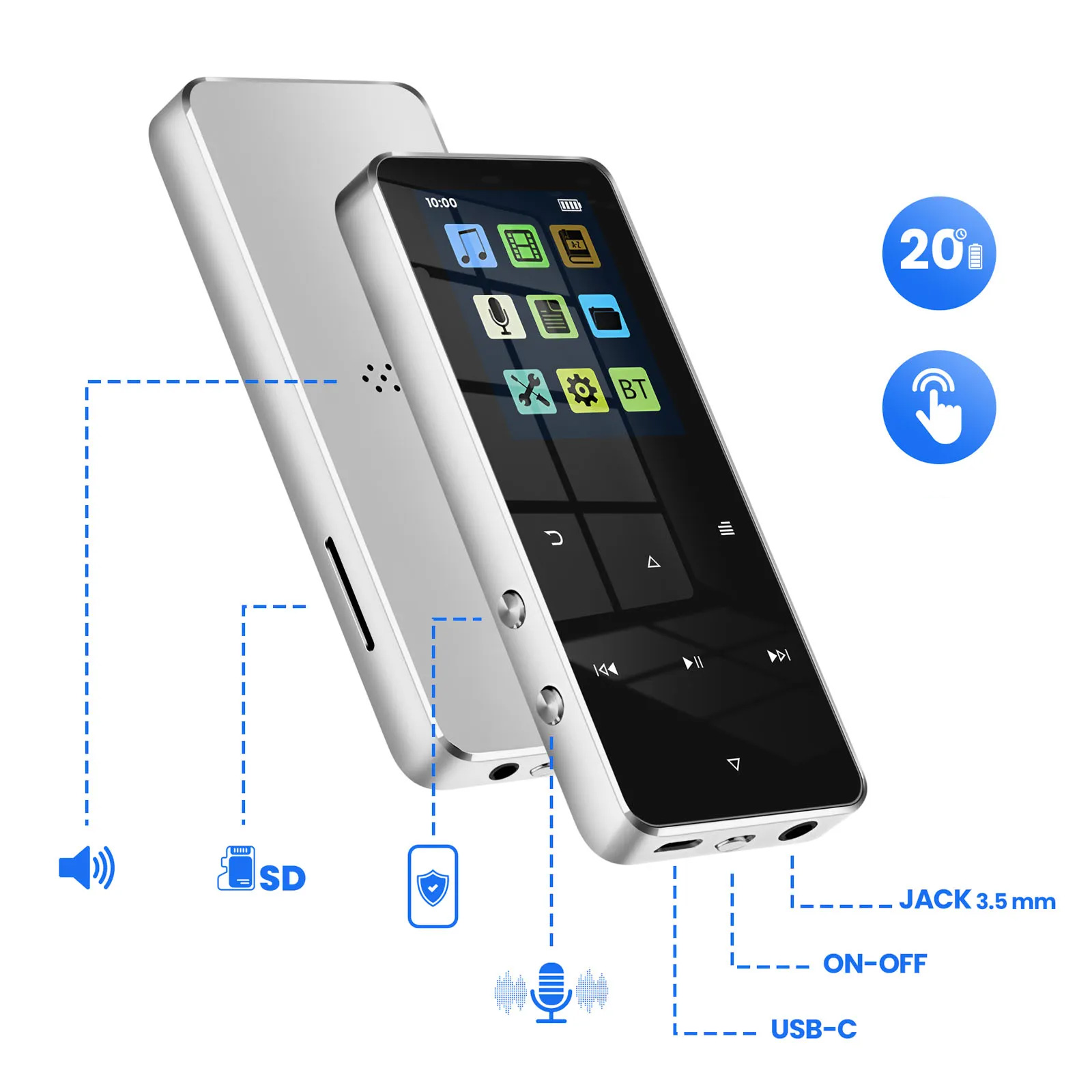 Lettore MP3 argento con touchscreen che mostra icone musicali, video ed e-book.