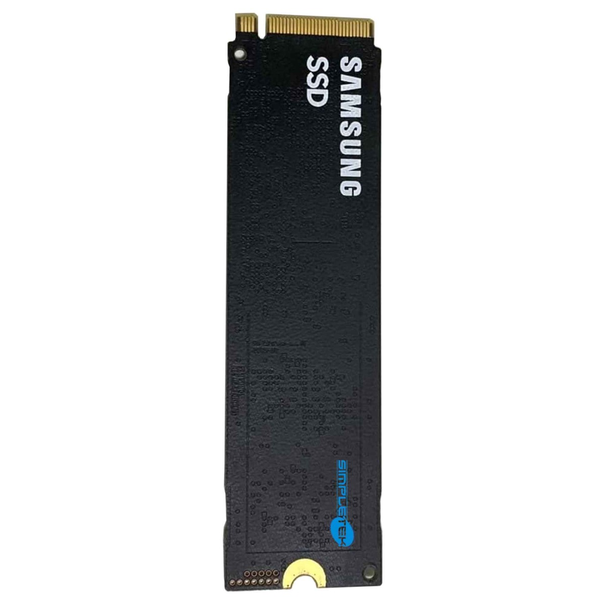 Schwarze Samsung SSD mit goldenem Anschluss und blauen Schriftzug