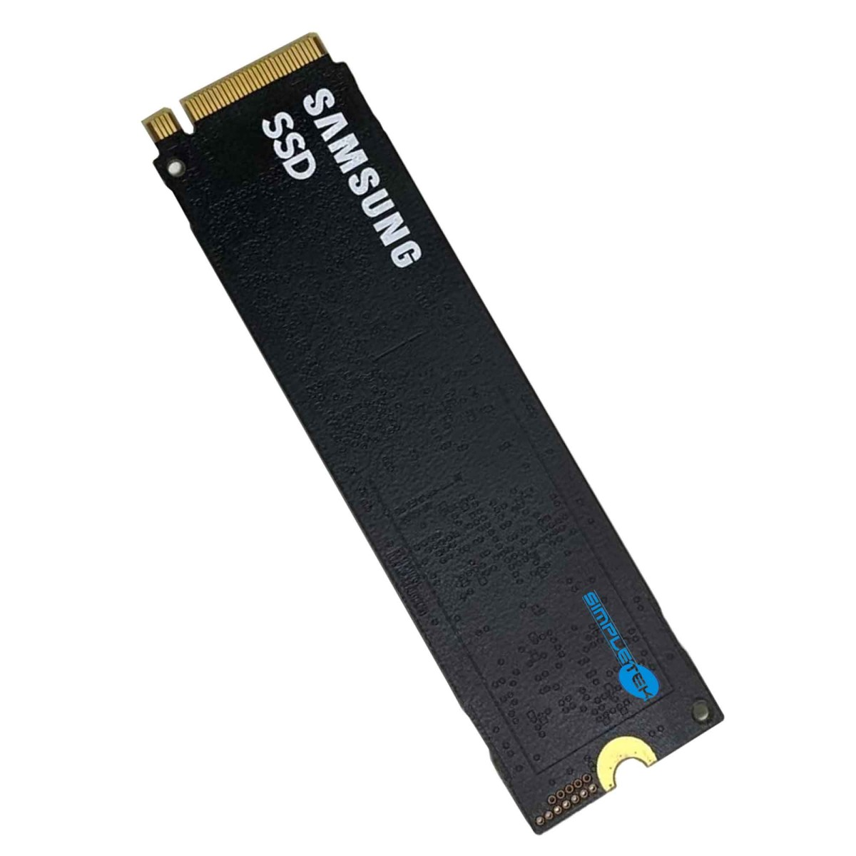 Schwarze Samsung SSD mit goldenem Anschluss. Hat das "SIMPLETEK" Logo.