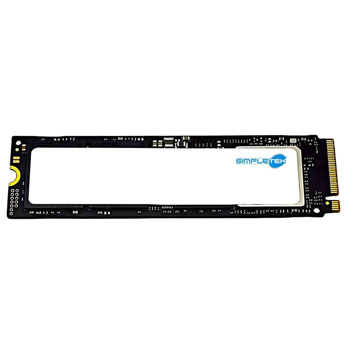 Ein schwarzes M.2 SSD-Laufwerk mit goldenen Anschlüssen und dem SIMPLEtek-Logo.