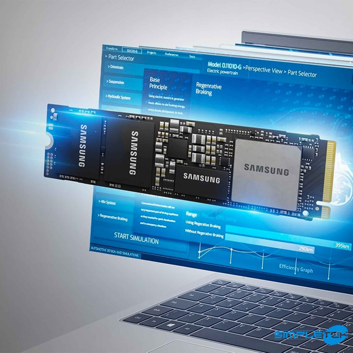 Ein Samsung SSD-Speicher wird über einem Laptop mit Simulationssoftware für Elektroantriebe angezeigt.