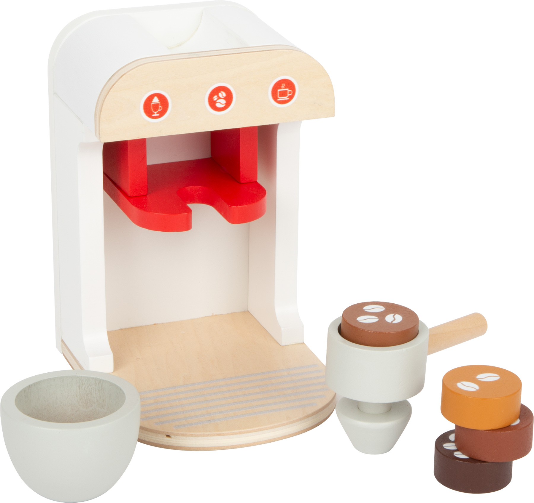 Spielzeug-Kaffeemaschine mit Zubehör: Siebträger, Tassen und Kaffeepads.