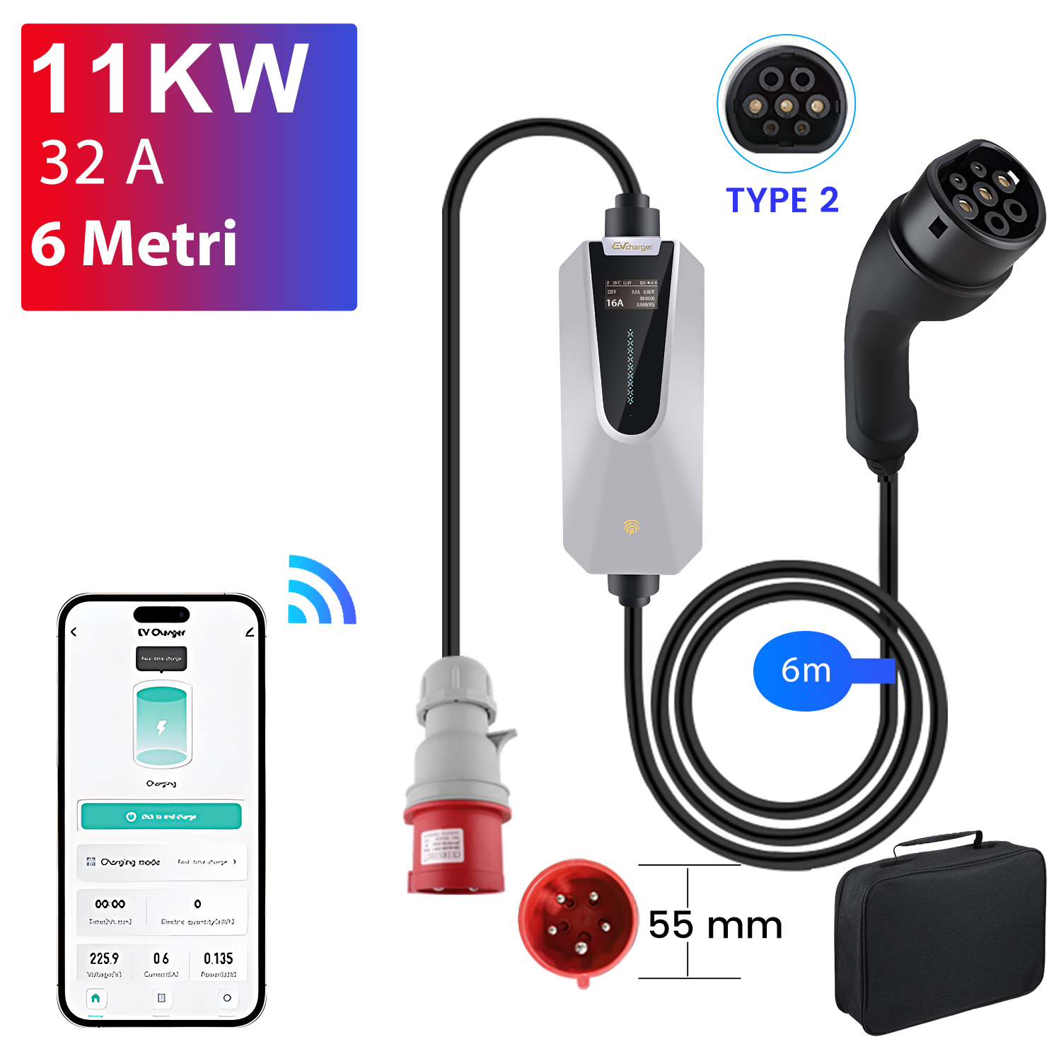 Caricatore EV con spina Tipo 2, 11KW, 32A, cavo 6m e borsa.