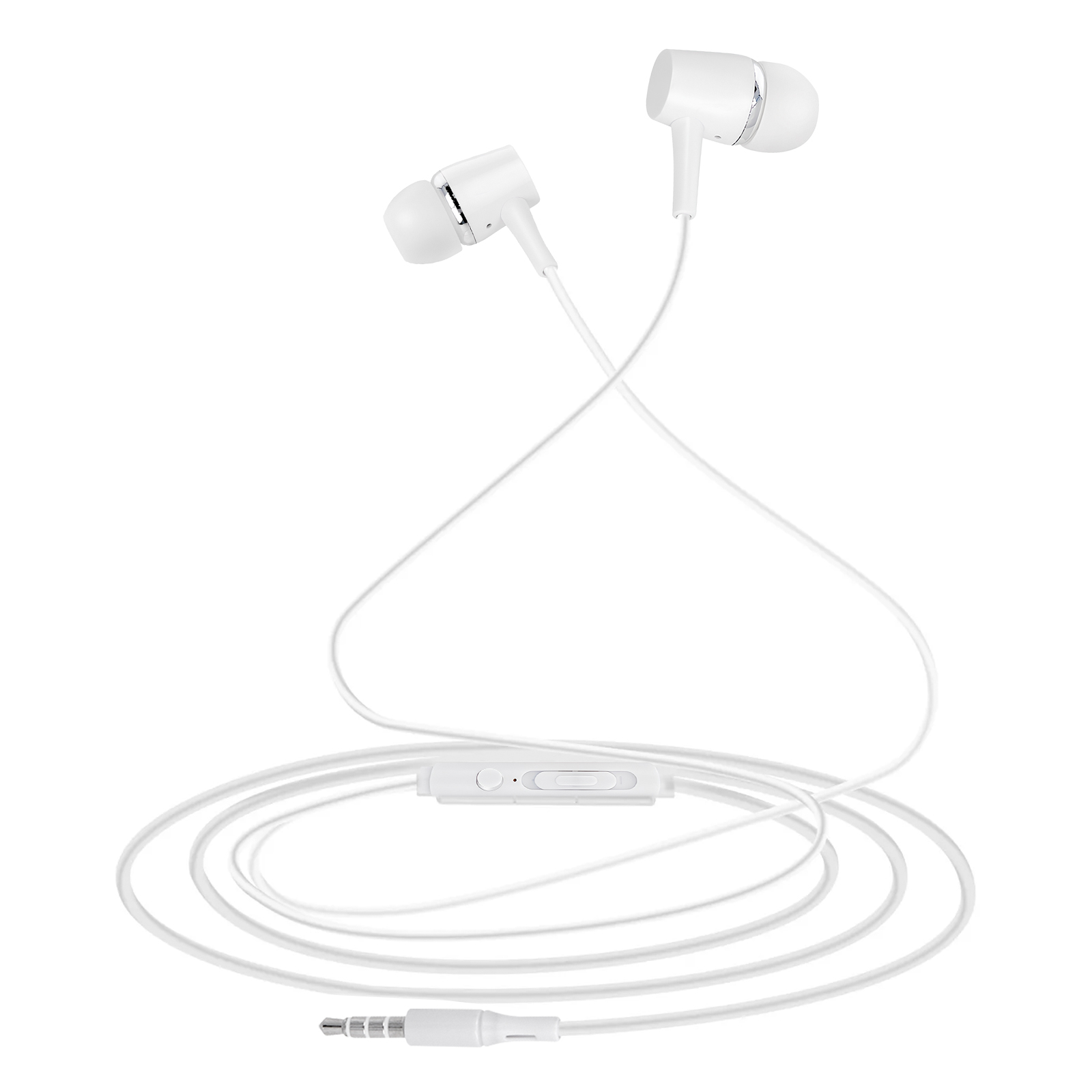 Weiße In-Ear-Kopfhörer mit Kabel, Fernbedienung und 3,5-mm-Stecker.