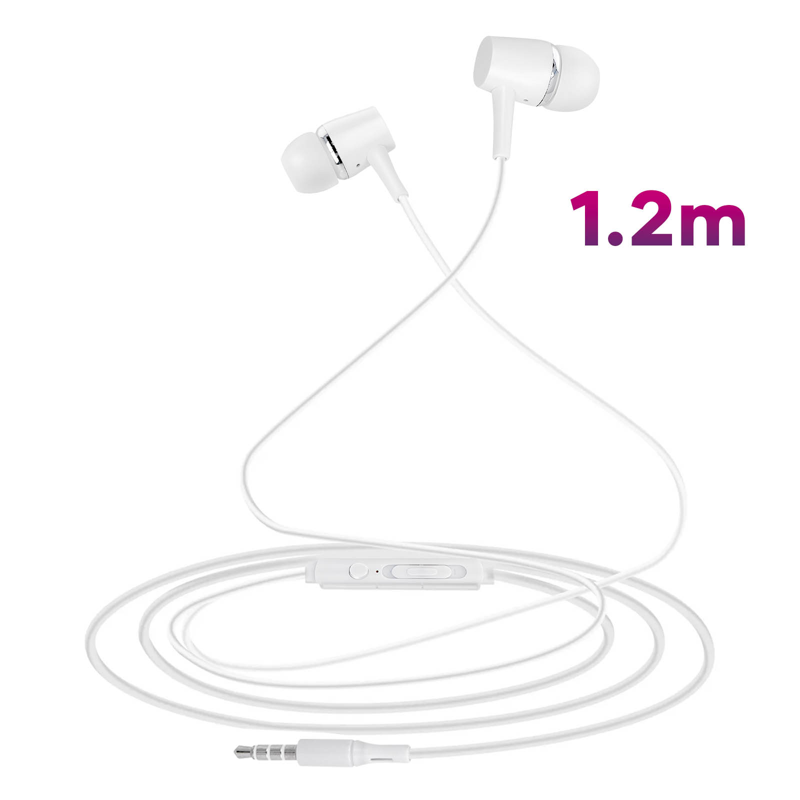 Weiße In-Ear-Kopfhörer mit Kabel und Fernbedienung, 1,2m.