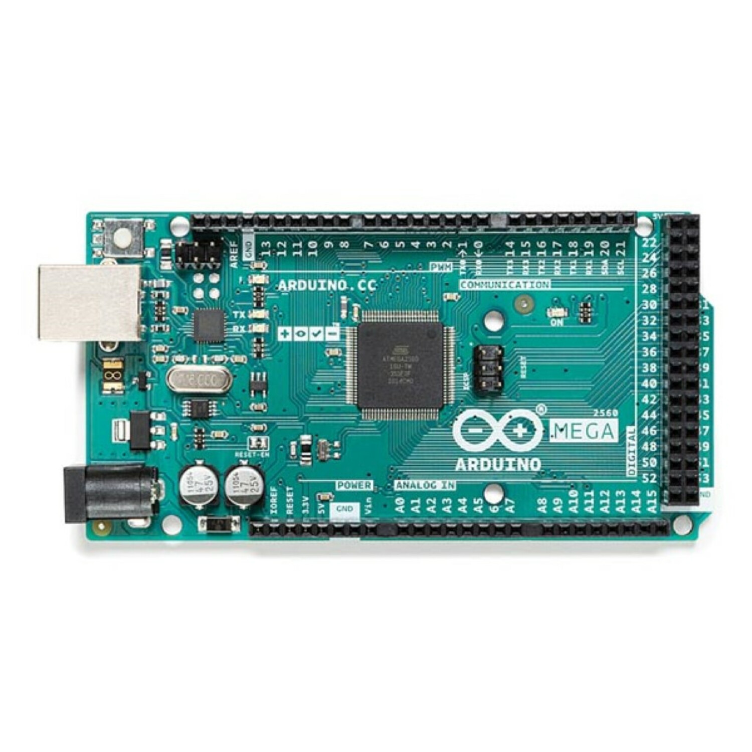 Una scheda Arduino Mega 2560 verde con porta USB argentata e pin neri.