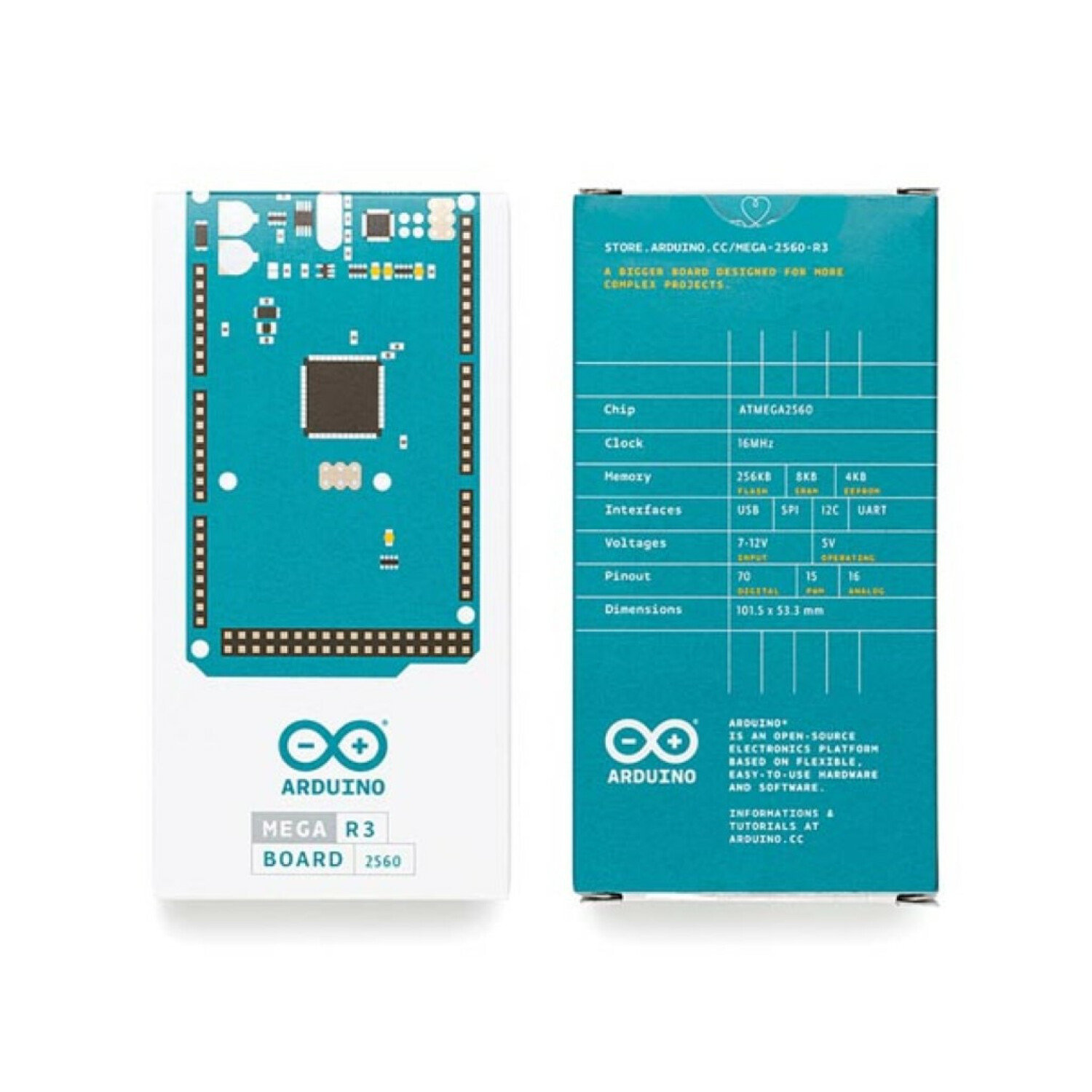 La scheda Arduino Mega R3 con chip ATmega2560, specifiche dettagliate sulla confezione.