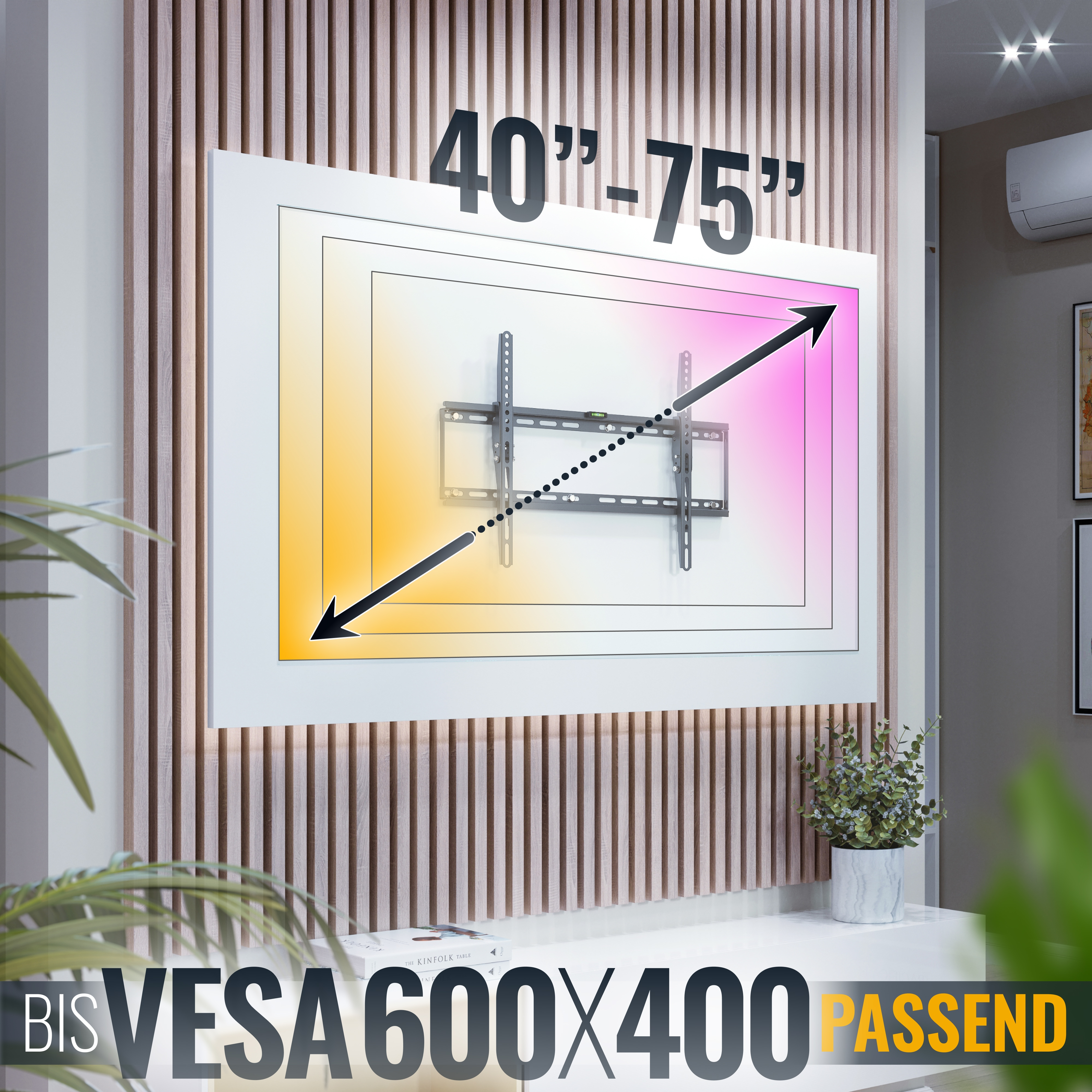 Wandhalterung für 40-75 Zoll TVs, VESA 600x400, passend.