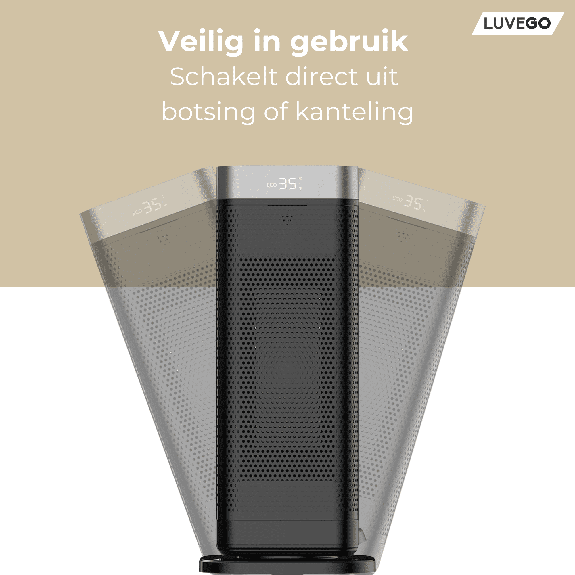 Ein schwarzer Lufterhitzer mit ECO 35 Anzeige, umgeben von durchscheinenden Silhouetten.
