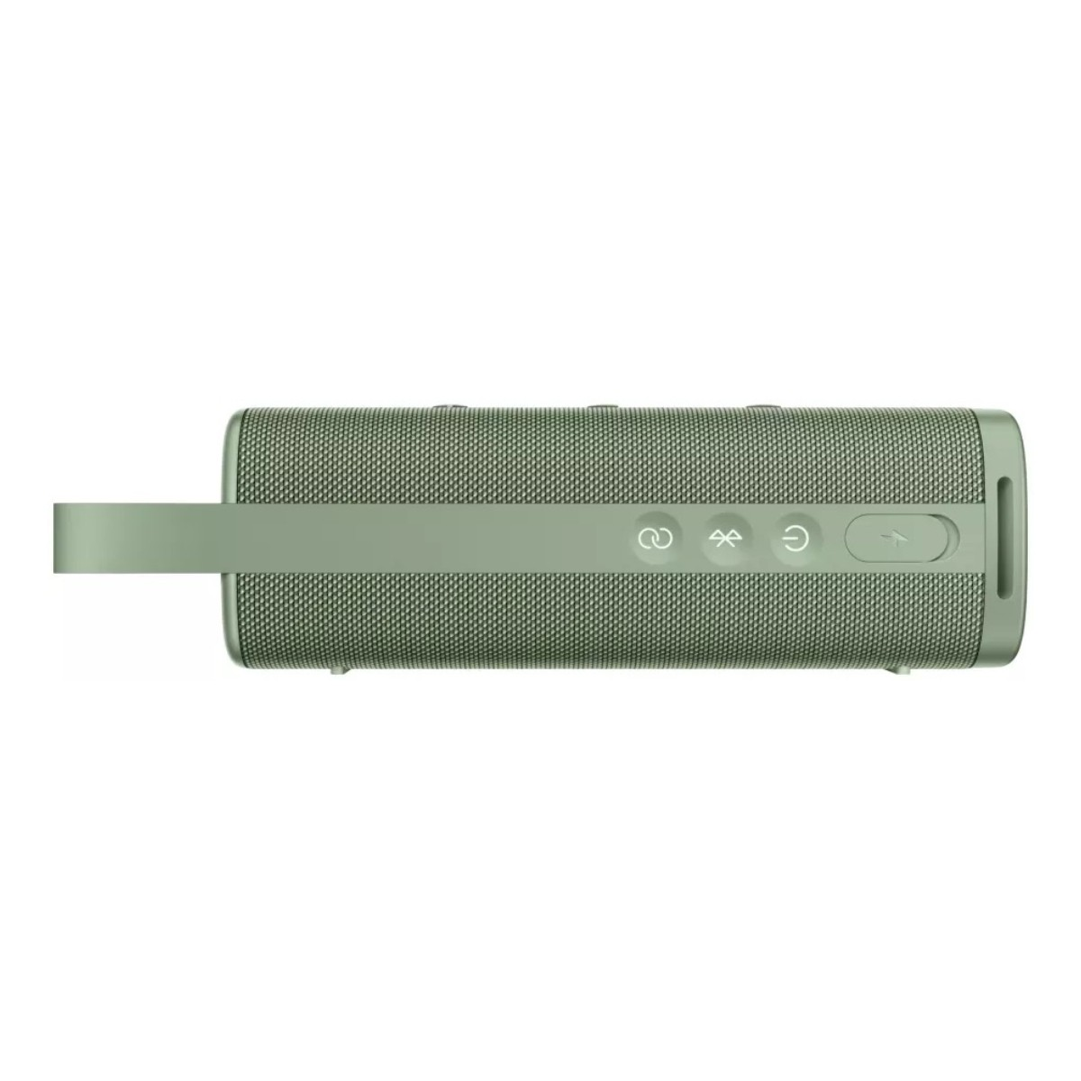 Grüne Bluetooth-Box mit Tragegurt und Bedienelementen.