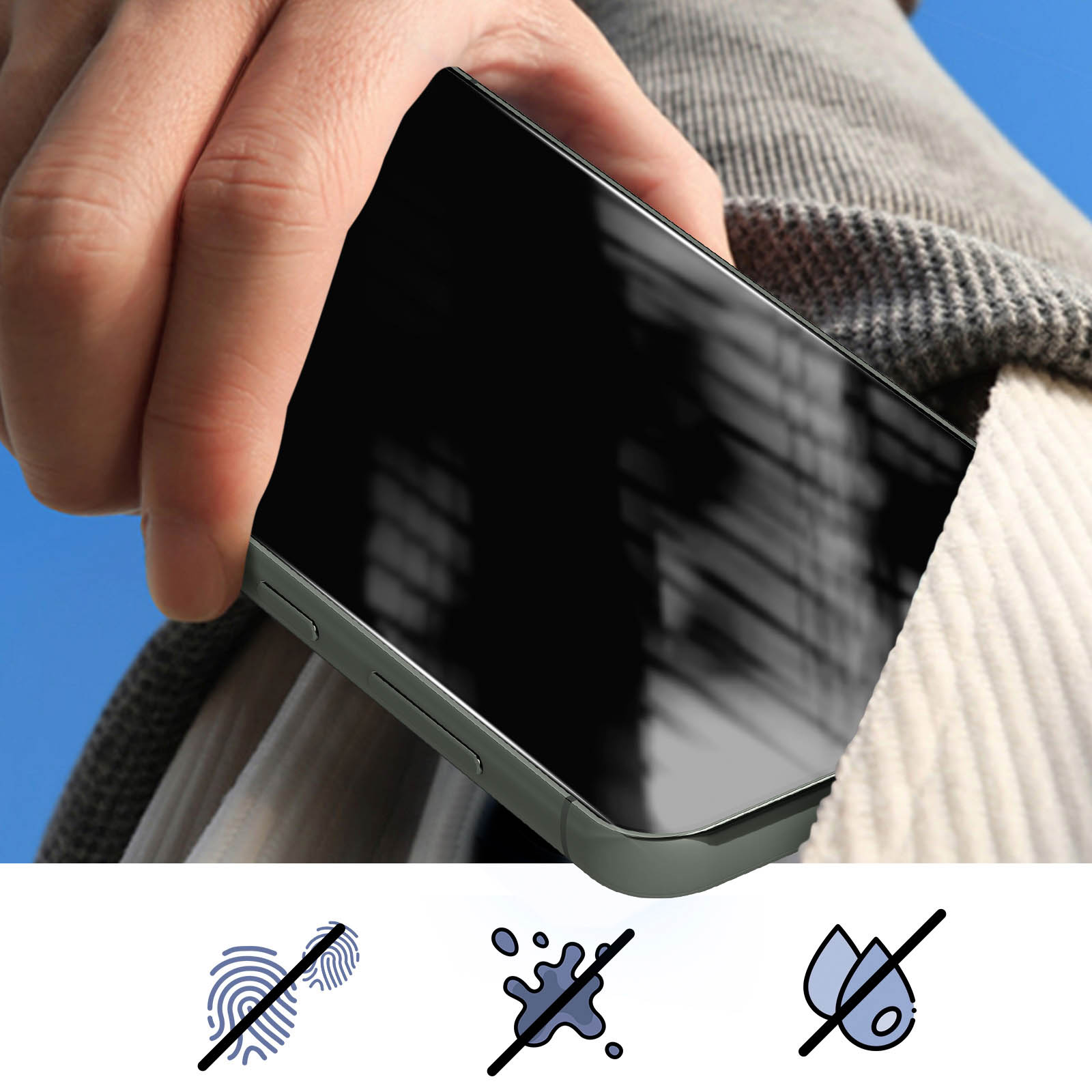 Una mano inserisce uno smartphone in una tasca. Sotto ci sono icone di impronte, schizzi e gocce d'acqua.