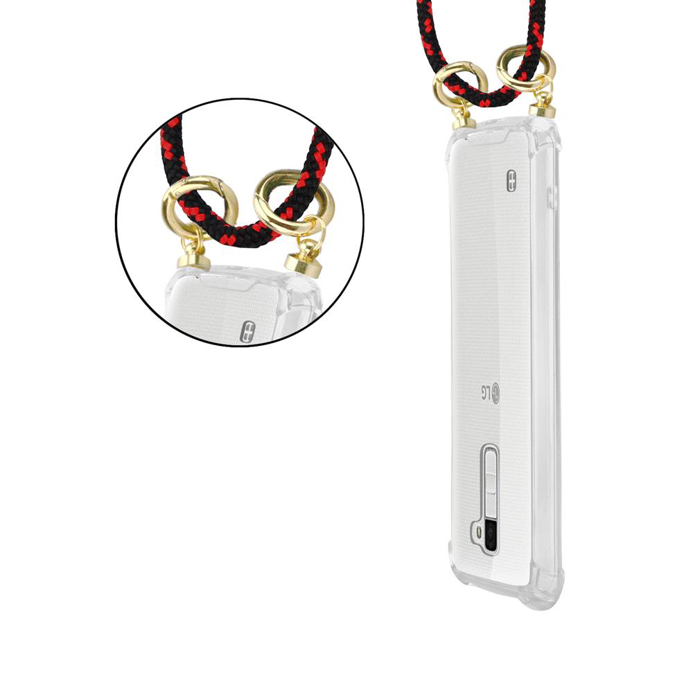 Transparente Handyhülle mit Lanyard, rote und schwarze Schnur, Goldringe.