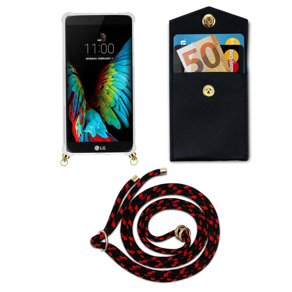 Ein LG-Smartphone mit bunter Kulisse, eine schwarze Tasche mit Geld und Karten.