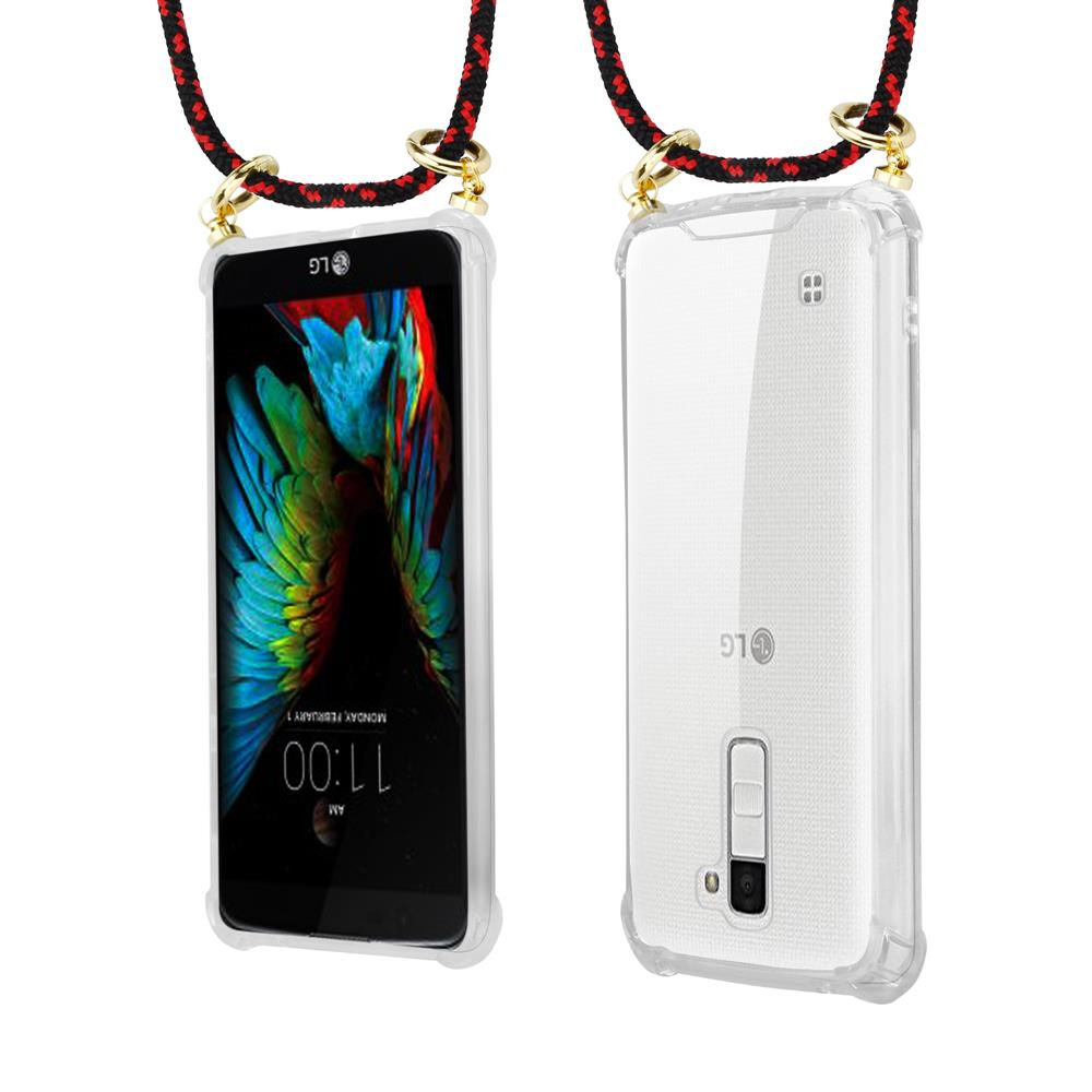 LG-Telefon mit buntem Hintergrund, vorne und hinten in Schutzhülle.