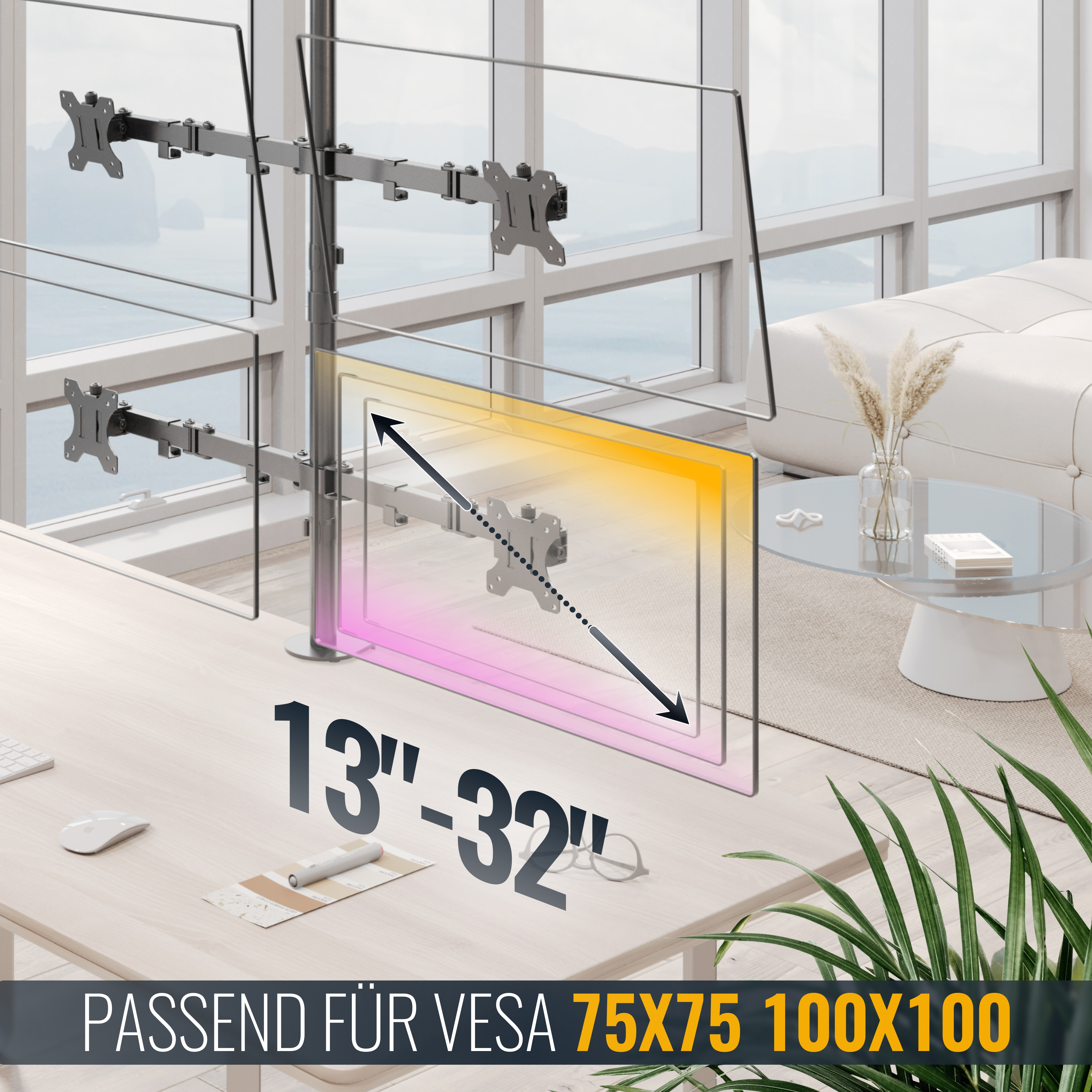 Monitorhalterung für 13-32 Zoll Bildschirme, VESA 75x75/100x100.