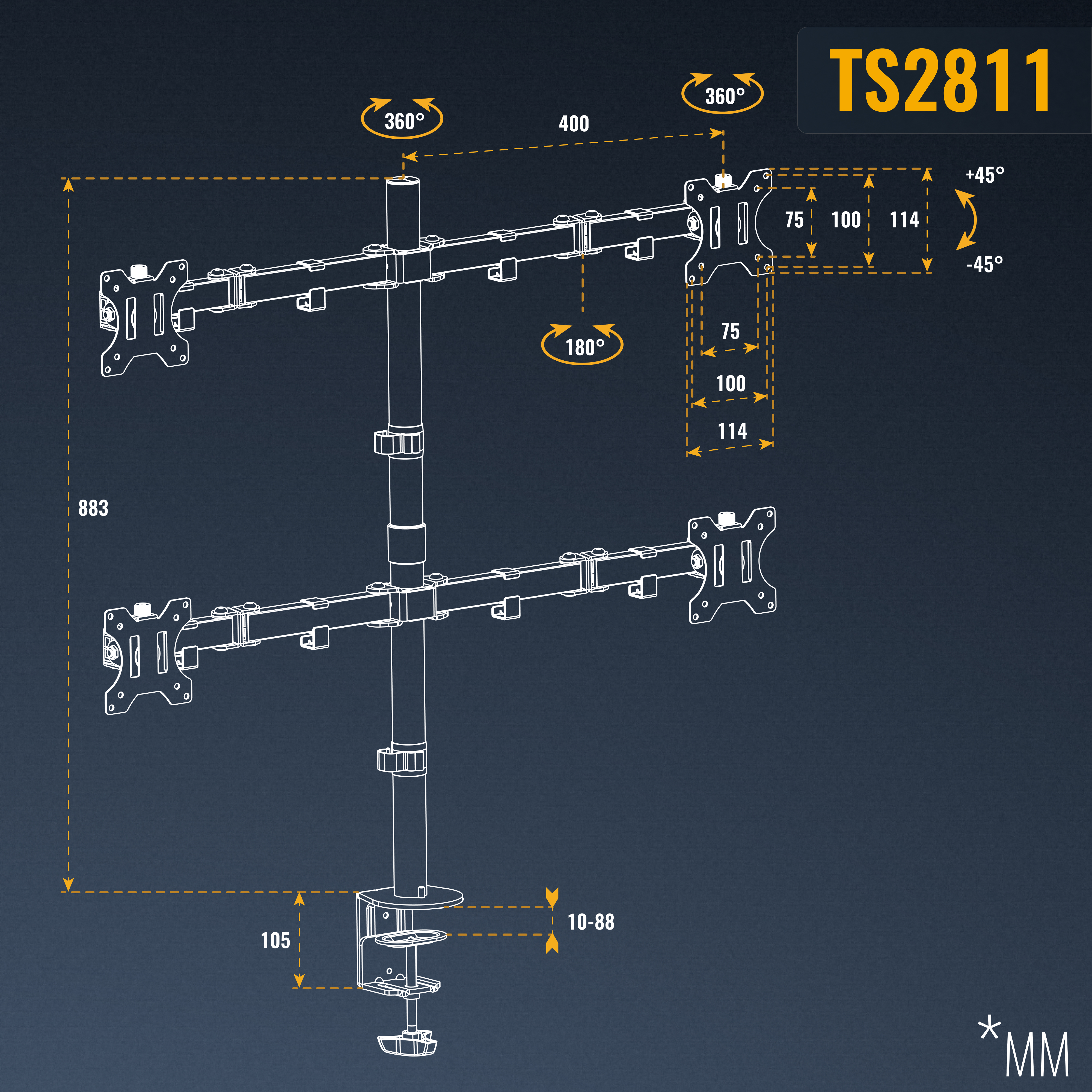 Technische Zeichnung eines doppel Monitorarms mit Maßen.