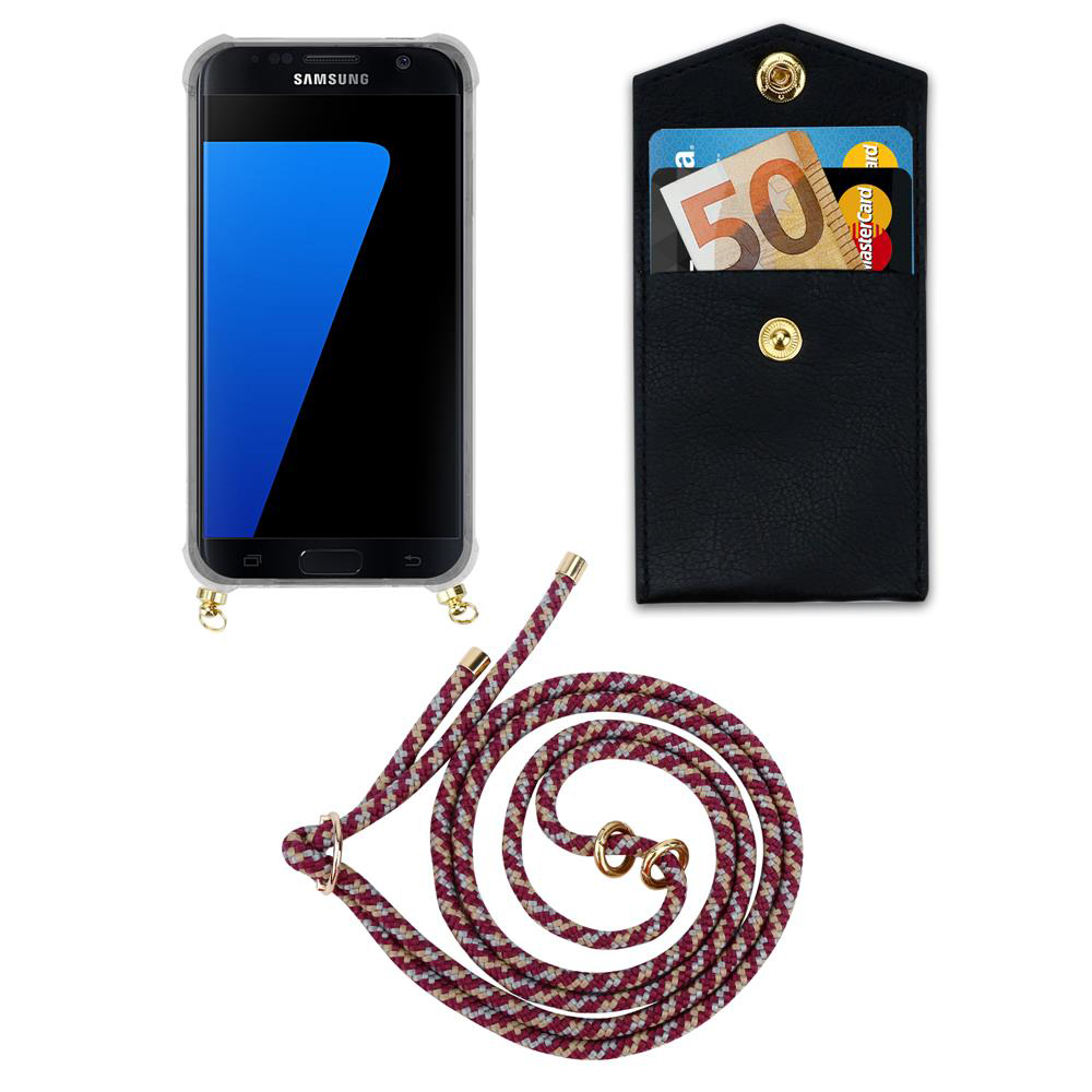 Uno smartphone in custodia, un portafoglio nero con soldi e carte, e un cordino.