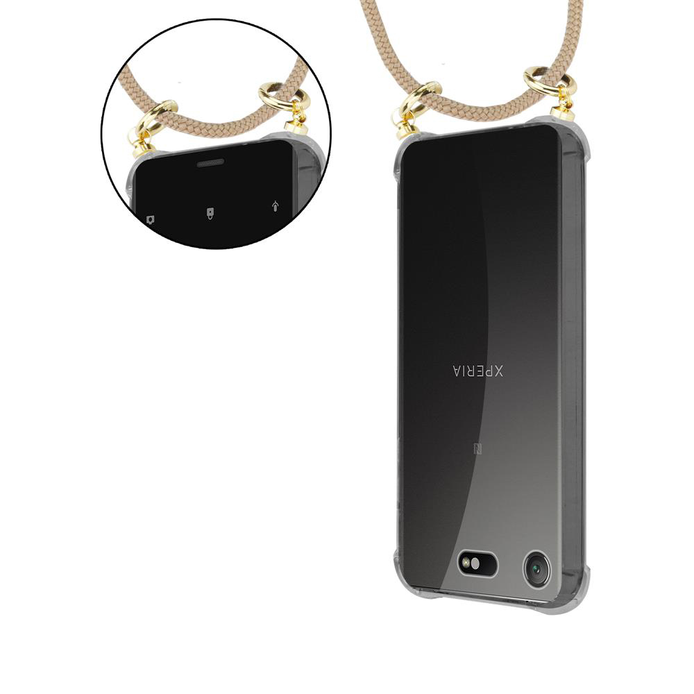 Ein Smartphone mit einem dünnen, durchsichtigen Gehäuse und einem beige-farbenen Band.
