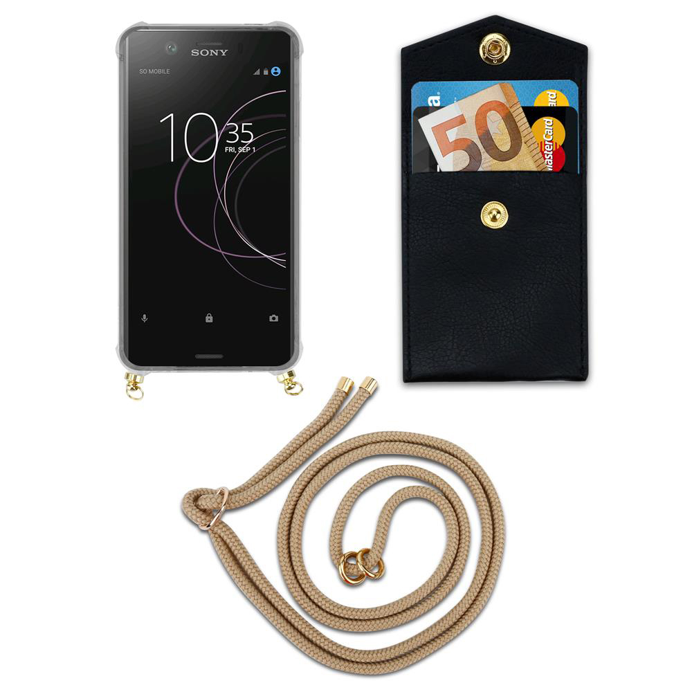 Ein Smartphone mit schwarzer Hülle, einer schwarzen Brieftasche mit Geld und Karten, und einer Kordel.