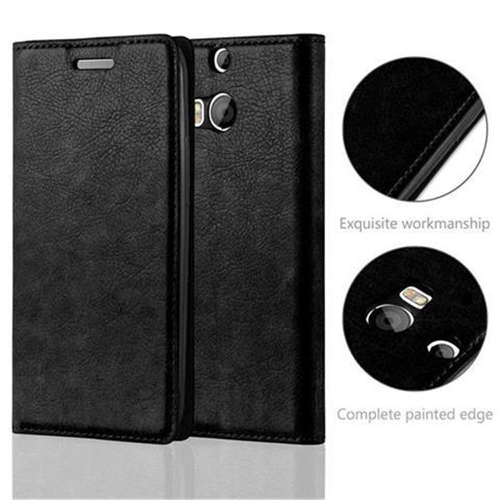 Funda de cuero negra para un smartphone, mostrando dos cámaras traseras.