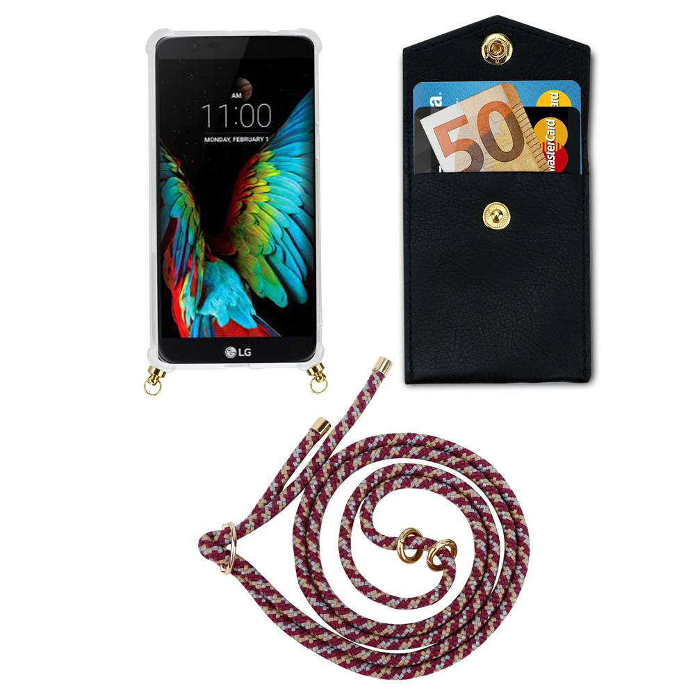 LG Smartphone mit Hülle, Geldbeutel mit Karten und 50-Euro-Schein, Kordel.