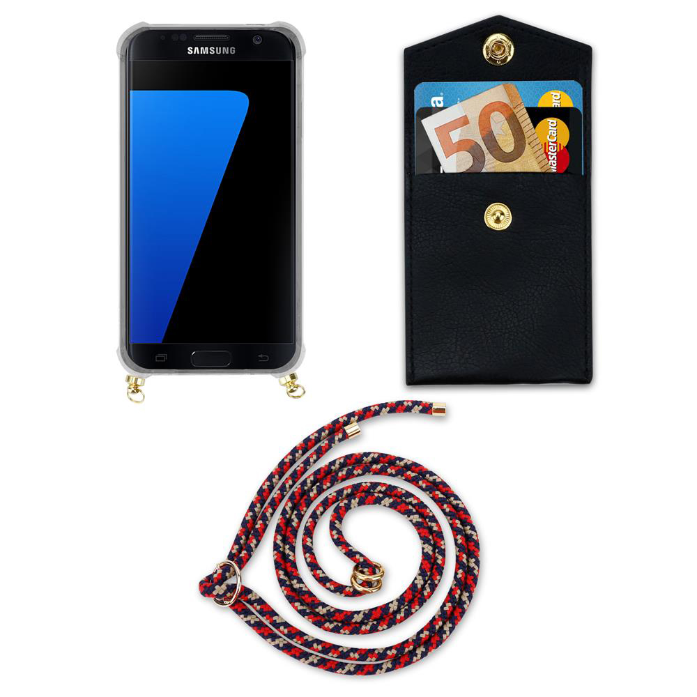 Smartphone in custodia, portafoglio con soldi e carte, e cordino.
