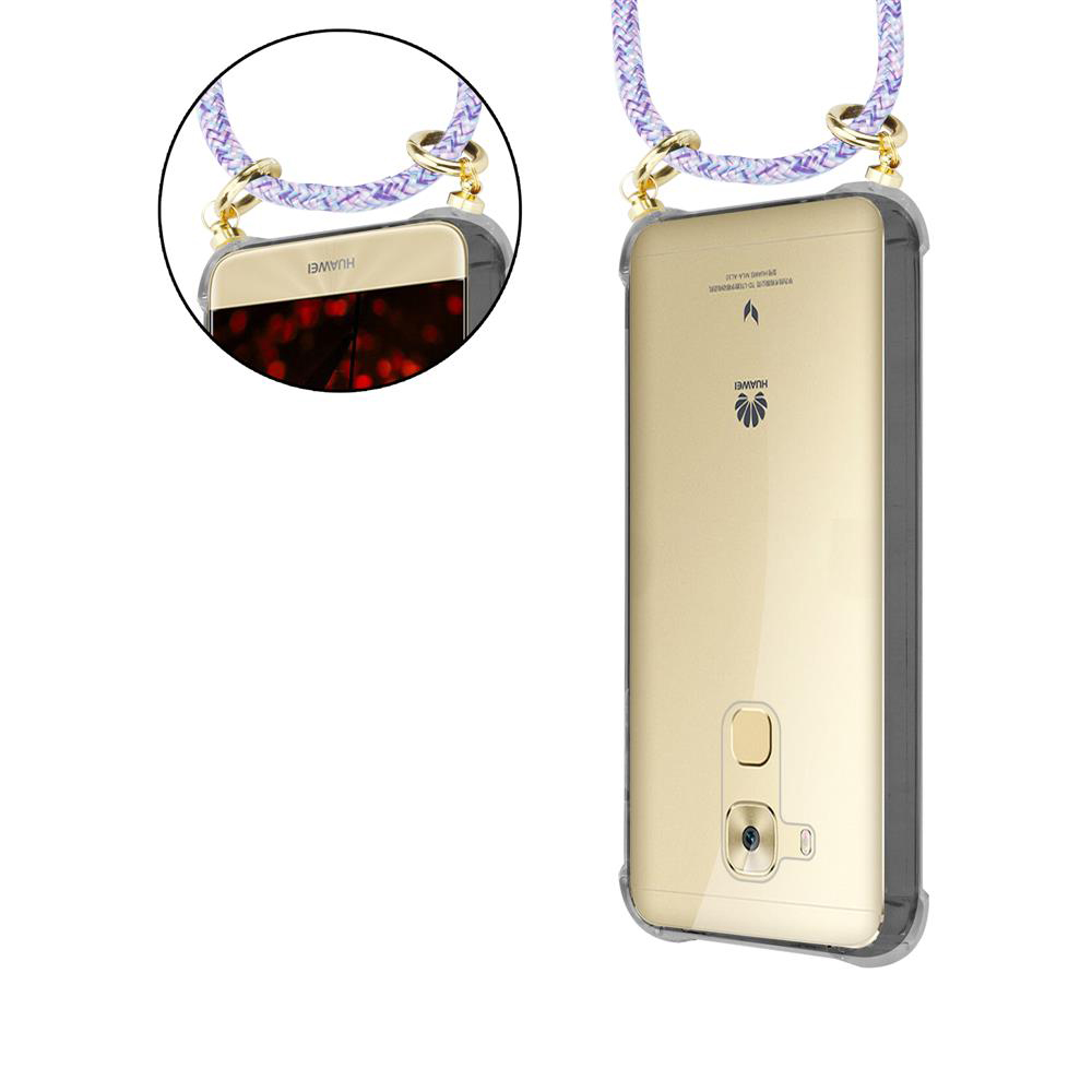 Telefono Huawei dorato in custodia trasparente con cordino, cordino bianco e viola.