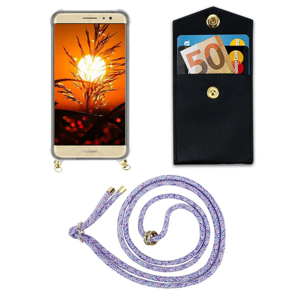 Uno smartphone in custodia, un portafoglio con soldi e carte, e un cordino.
