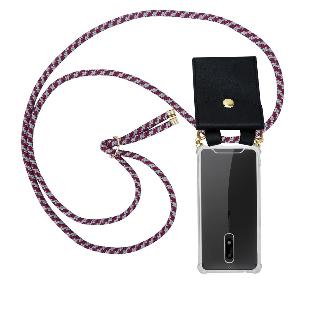 Eine Handyhülle mit schwarzer Tasche und Lanyard. Das Handy hat eine Hülle.