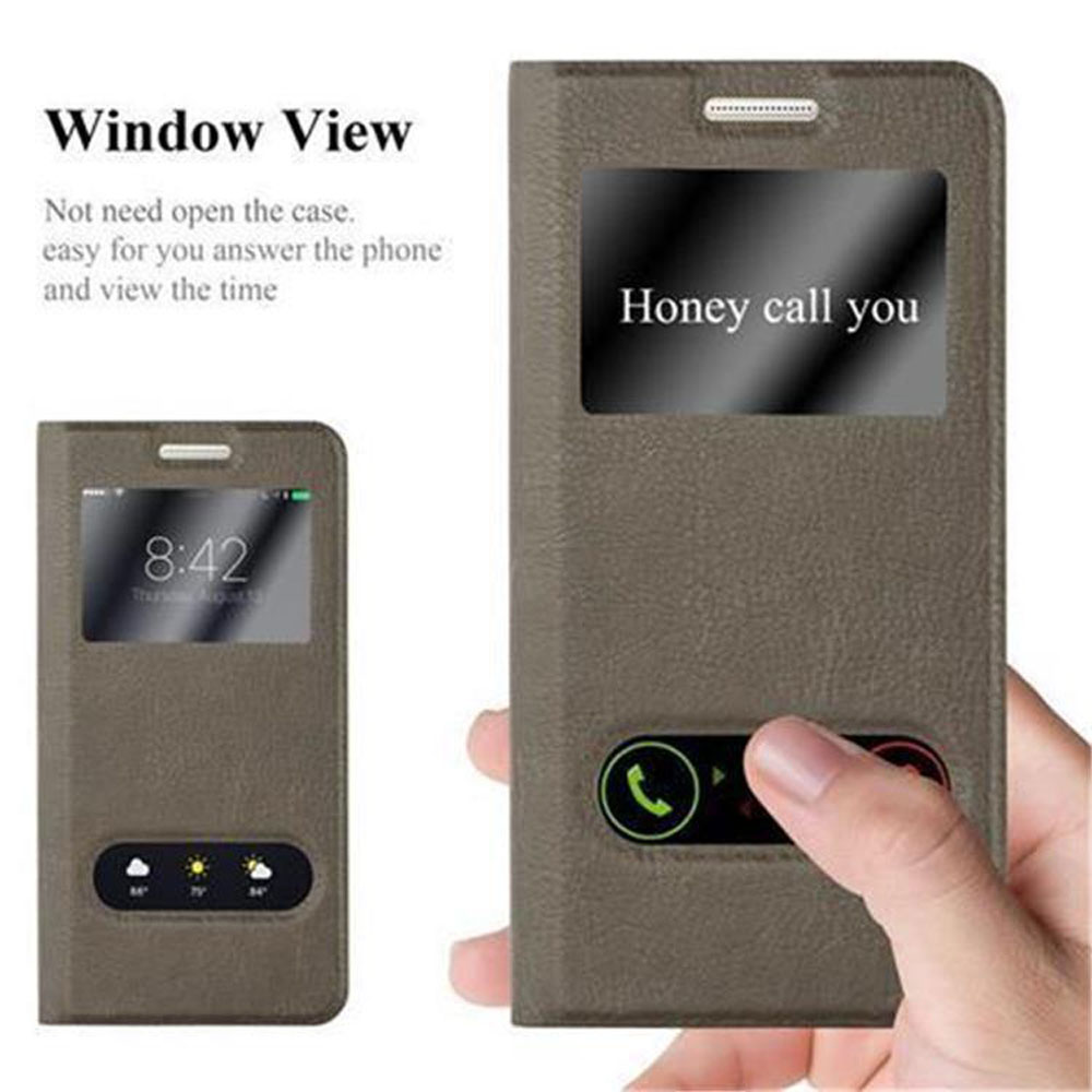 Custodia marrone per telefono con finestra che mostra "Honey call you" e ora.