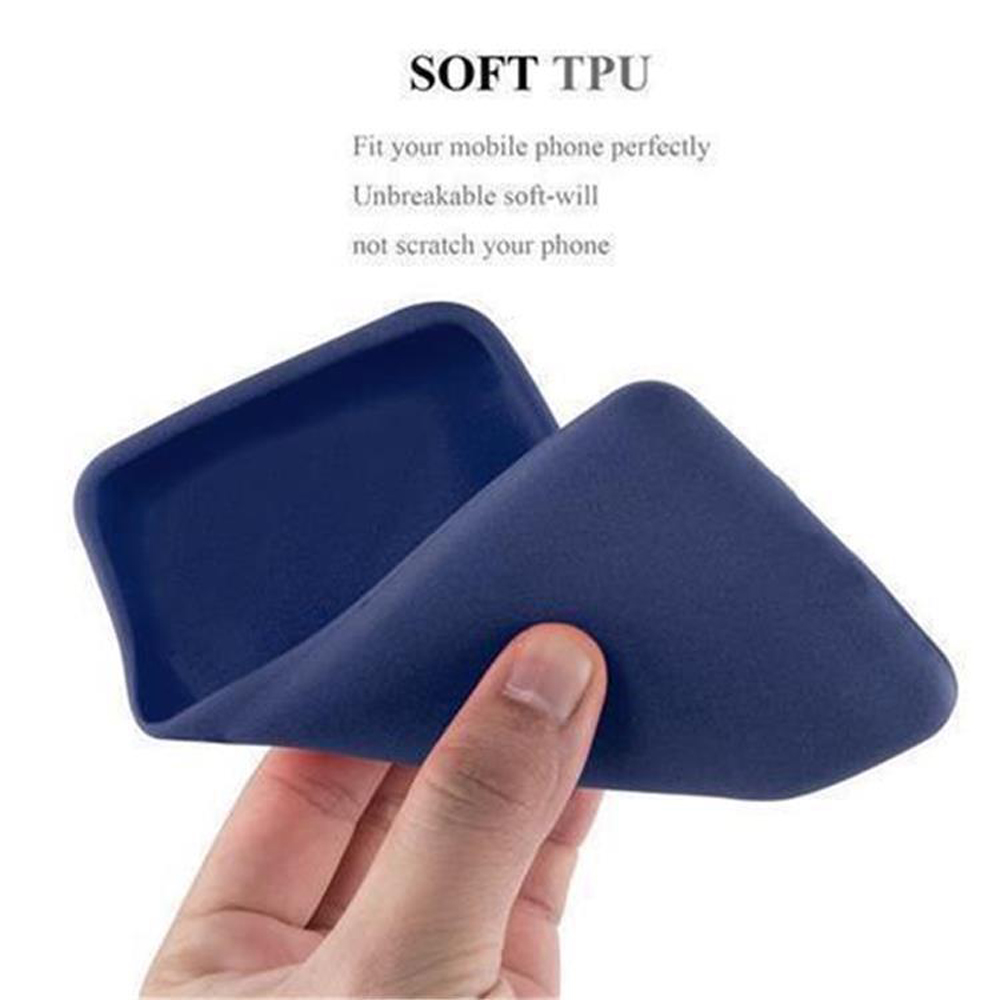 Una persona tiene una cover per telefono in TPU morbido blu scuro.