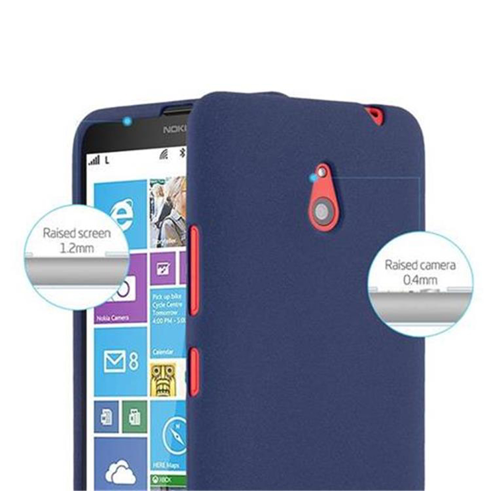 Telefono blu scuro con fotocamera e porta di ricarica rossi. Schermo e fotocamera rialzati.