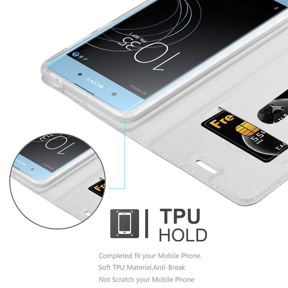 Ein weißes Handycover mit einer Kreditkarte und einem Handy.