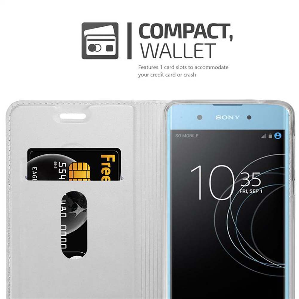 Weiße Brieftasche mit einer Karte und einem Sony-Telefon mit 10:35 Uhr.