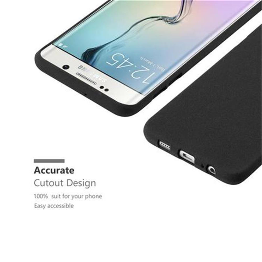 Una custodia nera accanto a uno smartphone con bordo nero che mostra le 12:45.