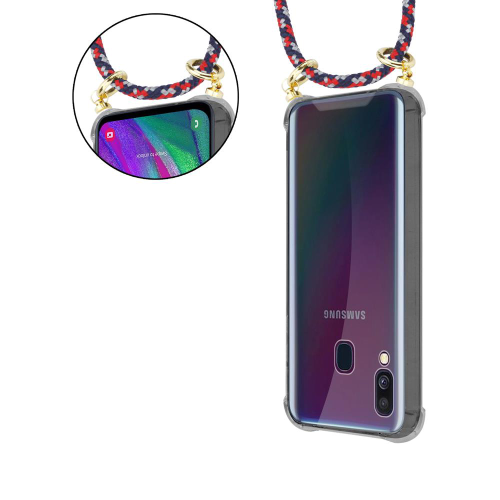 Telefono Samsung con cinturino rosso e blu e custodia trasparente.