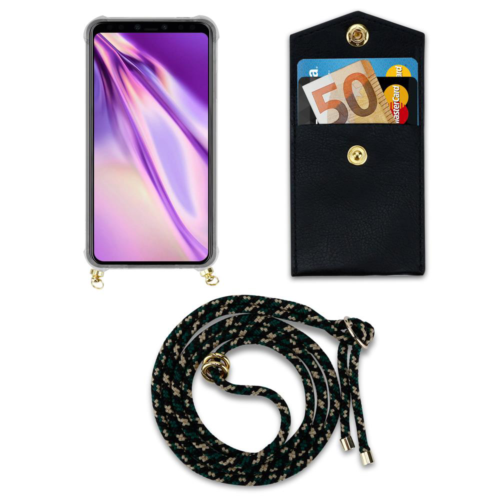 Smartphone mit Hülle, Geldbörse mit 50€ Schein und Karten, und eine Kordel.