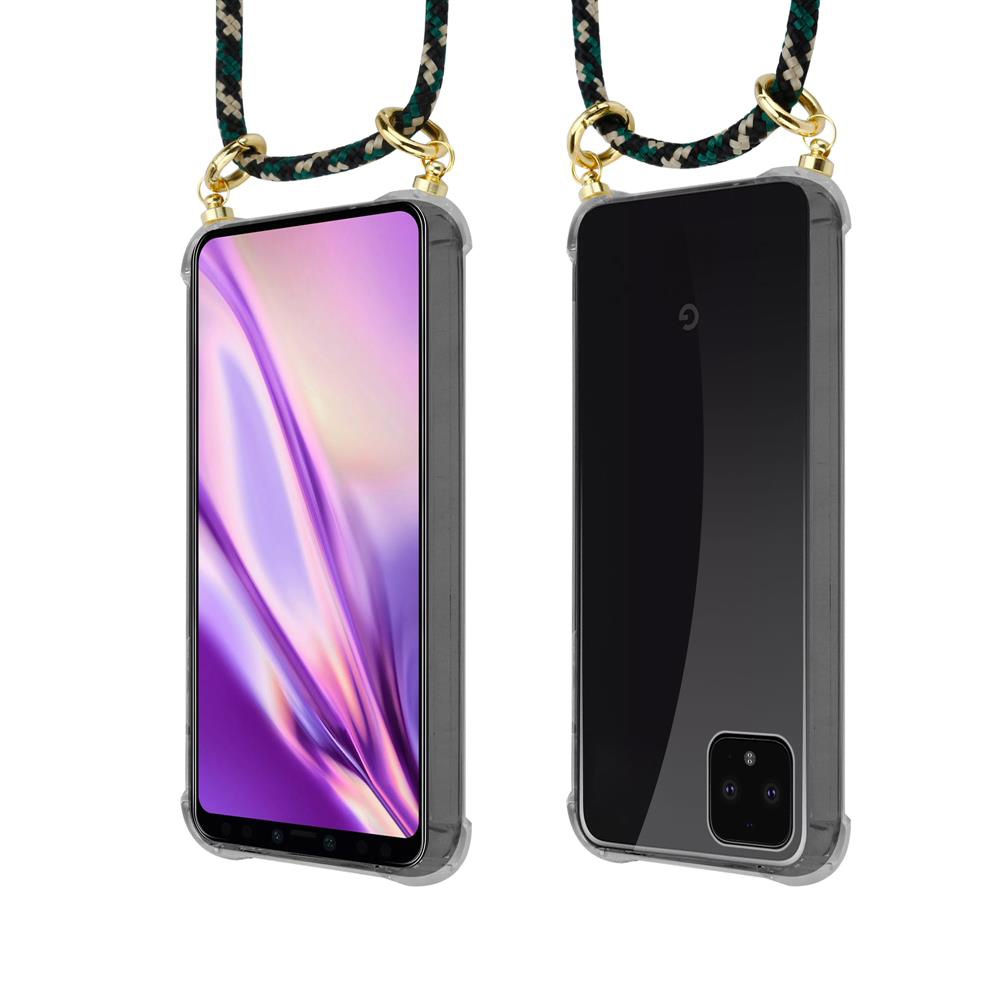 Ein Smartphone mit einem farbigen Hintergrund und einem durchsichtigen Gehäuse, das an einer Kordel hängt.