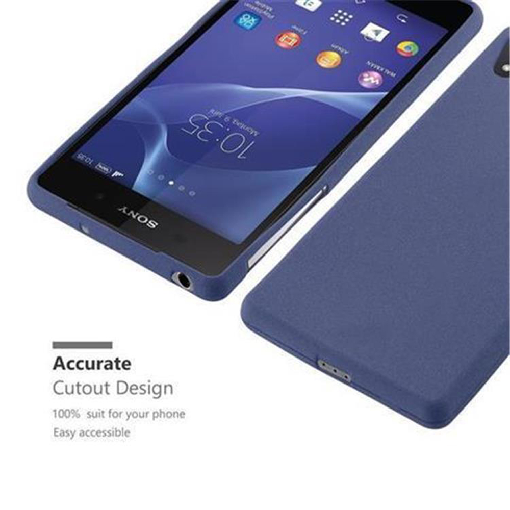 Smartphone Sony blu con cover. Mostra le 10:35 e icone di app.